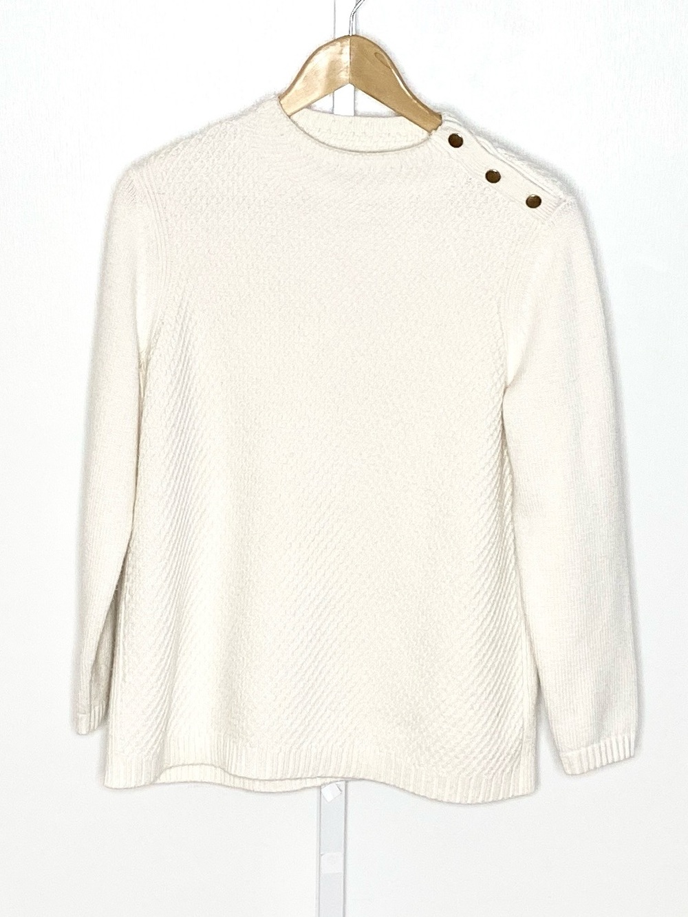 Talbots | Cream Gold Button-Accent Mockneck Cotton-Blend Knit Sweater Sz LP